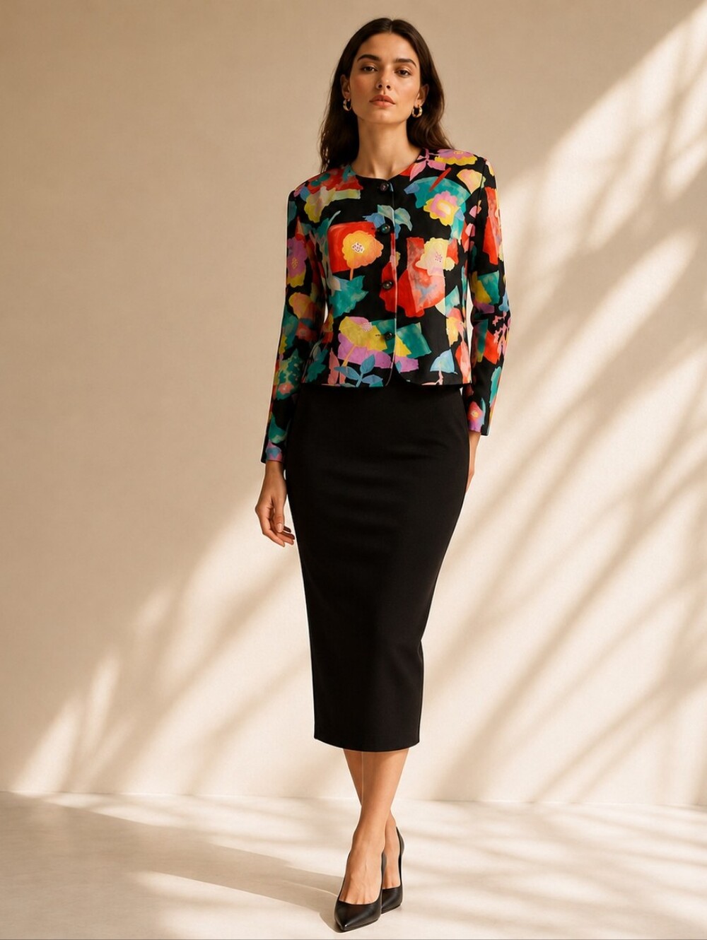 Vintage 80s Black Floral Boxy Cropped Blazer Size 16 Dopamine Art To Wear